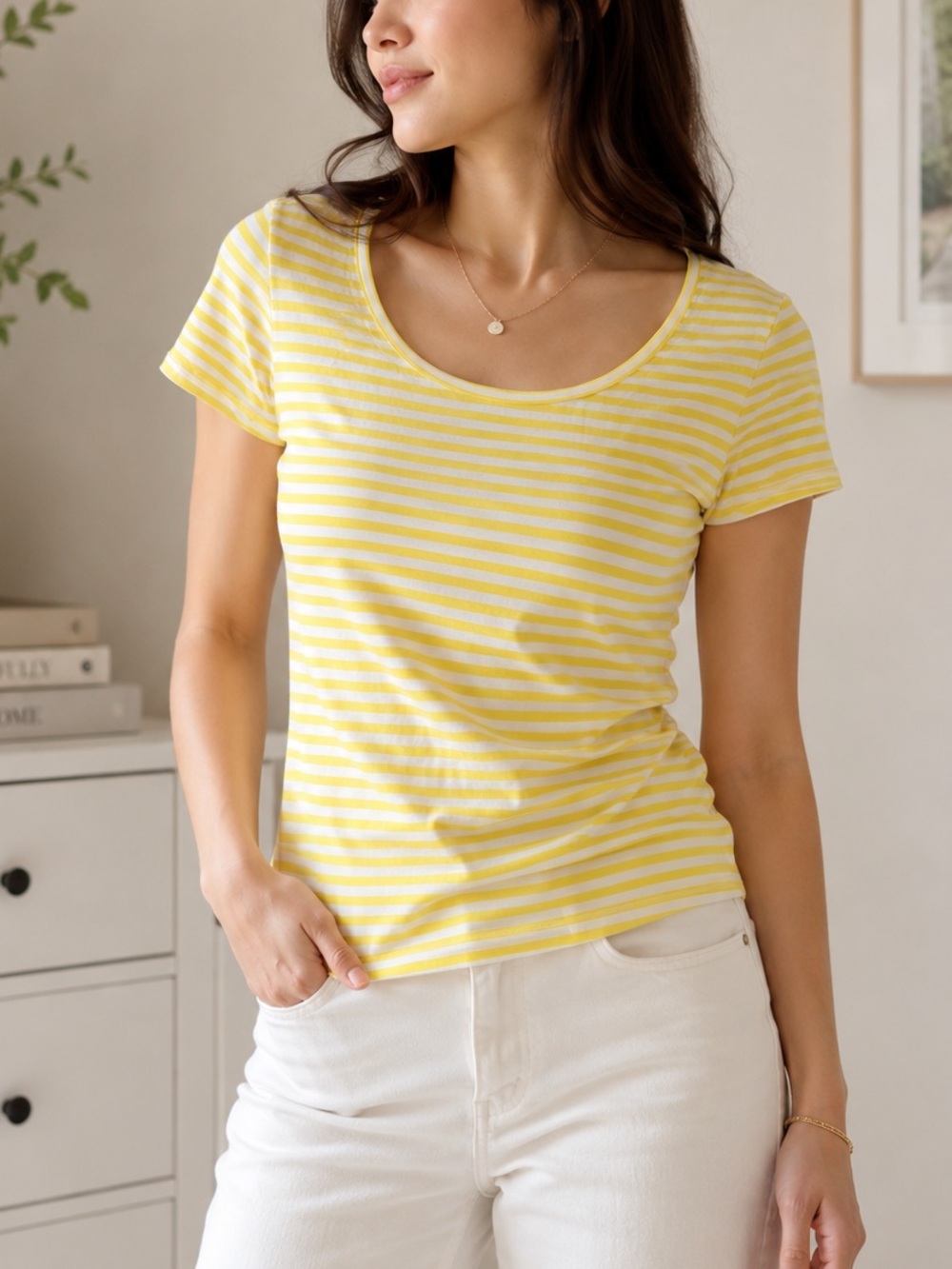 Ann Taylor Yellow & White Striped Scoop Neck Tee